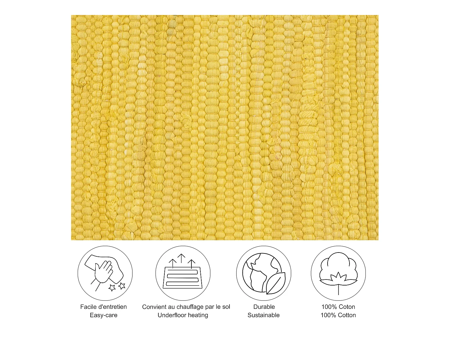 Tapis en coton tissé à la main et réversible 90x160 cm jaune Happy Cotton