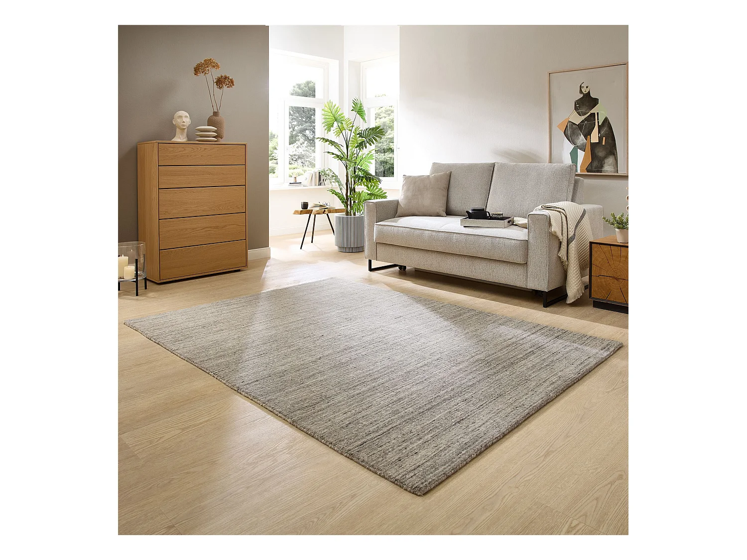 Handgewebter UNI Wollteppich 90x160 cm Grau Pure