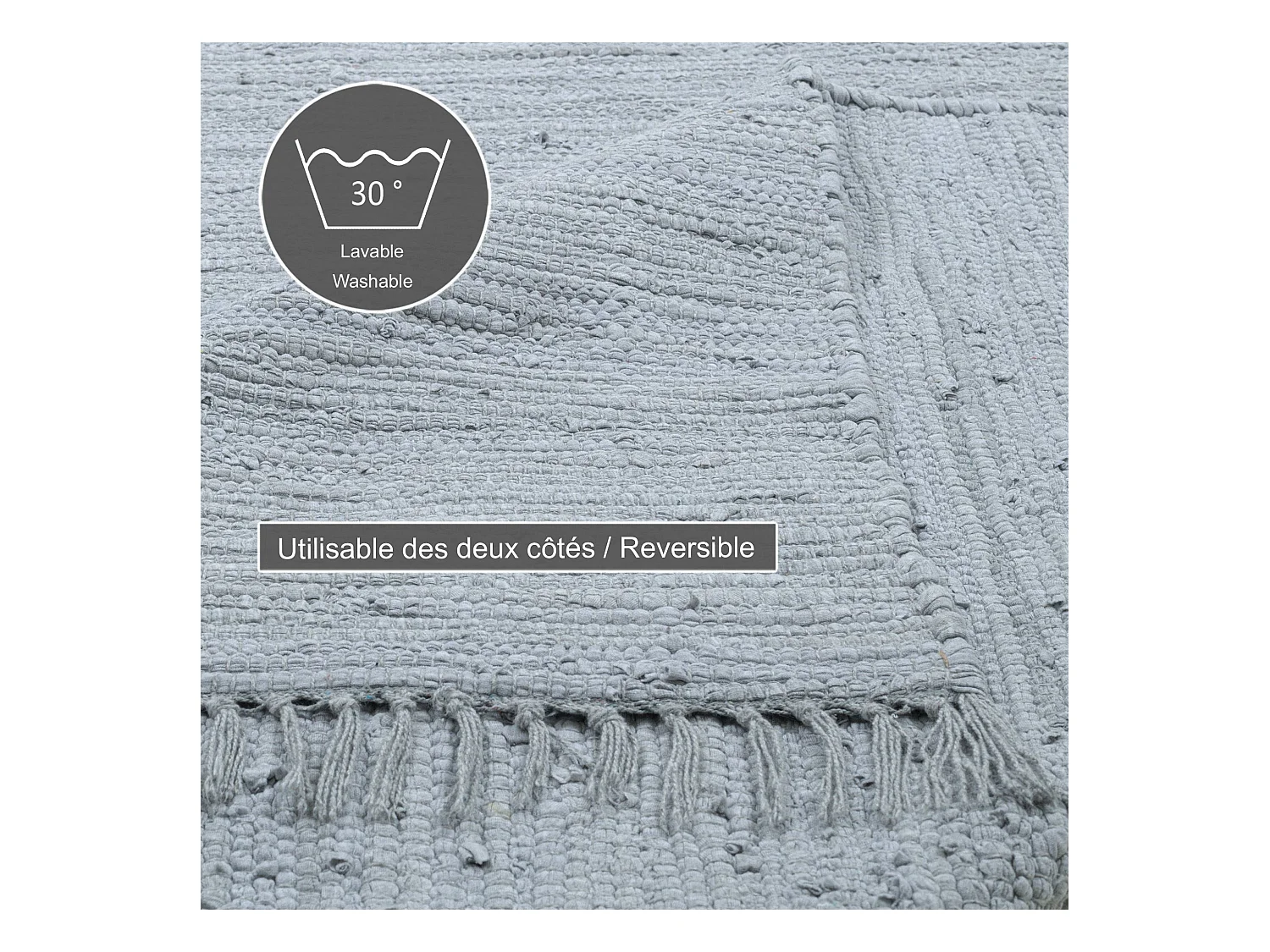 Tapis en coton tissé à la main et réversible 120x180 cm gris Happy Cotton