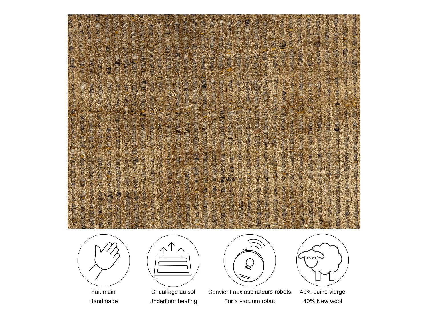 Tapis UNI rayé en viscose et laine 150x150 cm or Venus