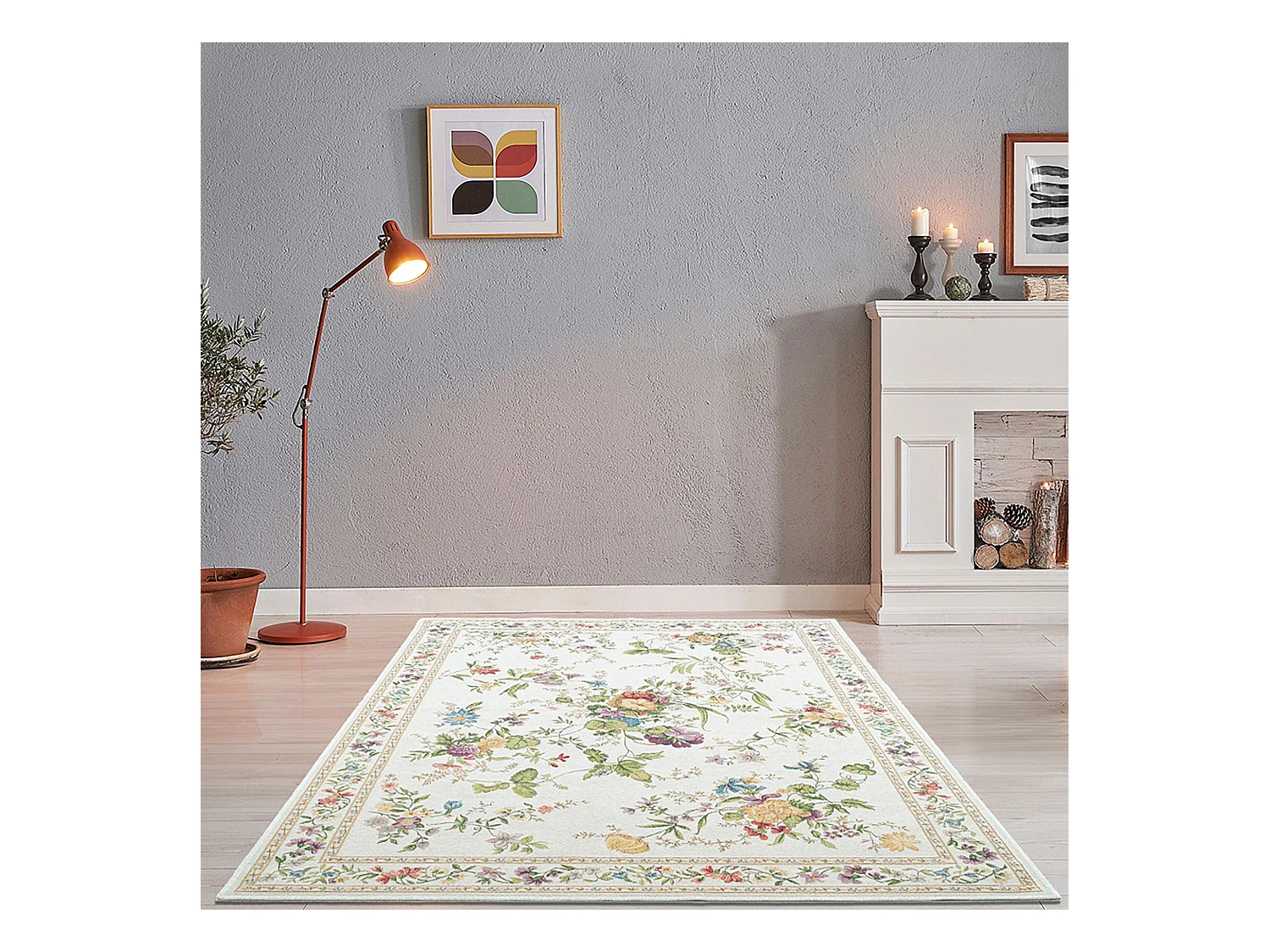 Tapis avec bordure et motif floral 70x120 cm crème Flomi