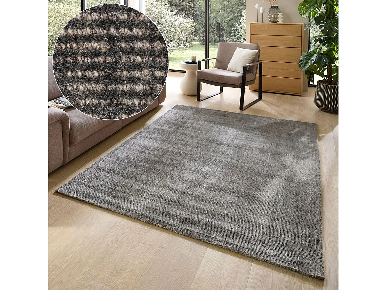 Tapis UNI rayé en viscose et laine 170x240 cm anthracite Venus