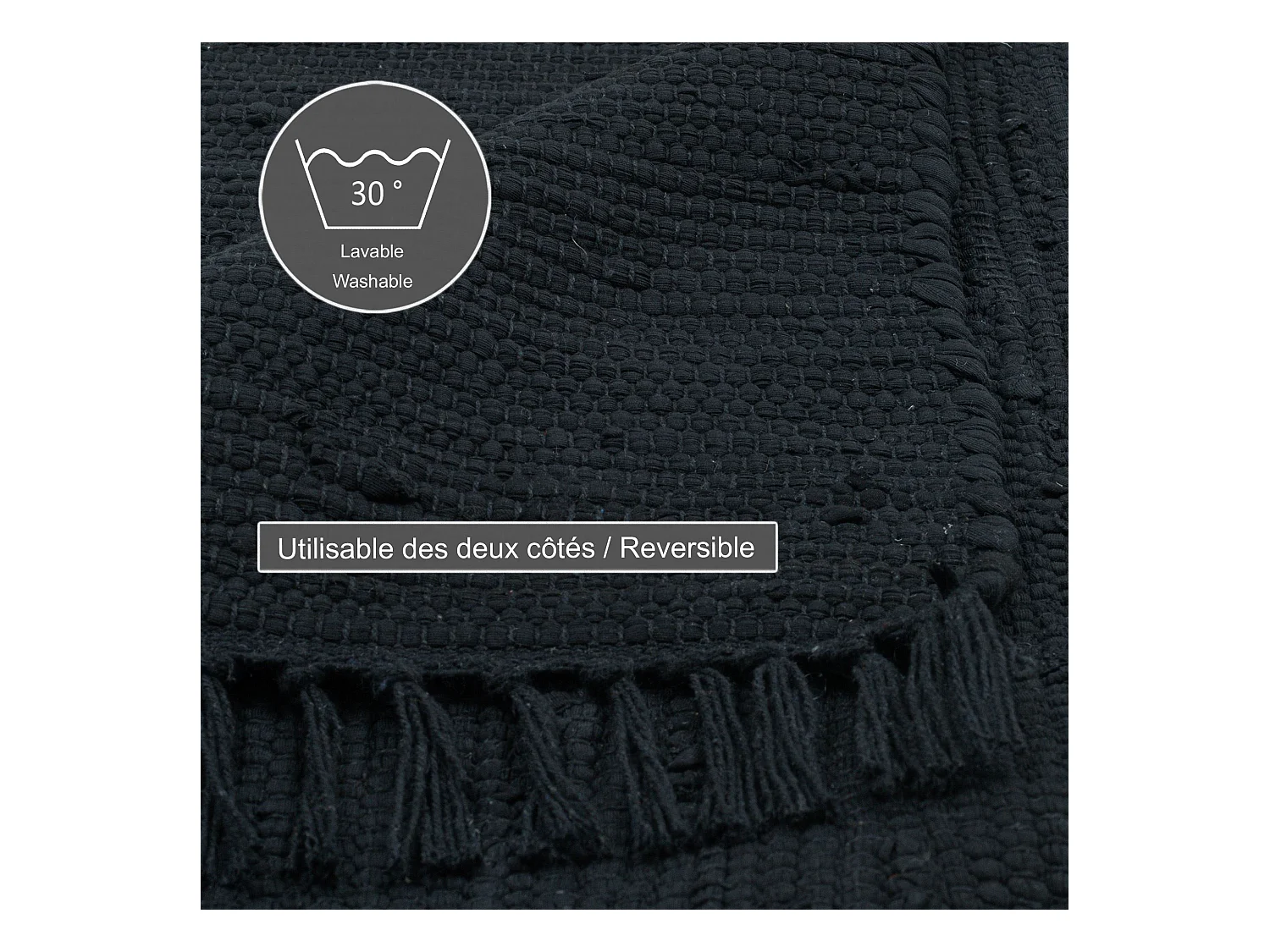 Tapis en coton tissé à la main et réversible 160x230 cm noir Happy Cotton