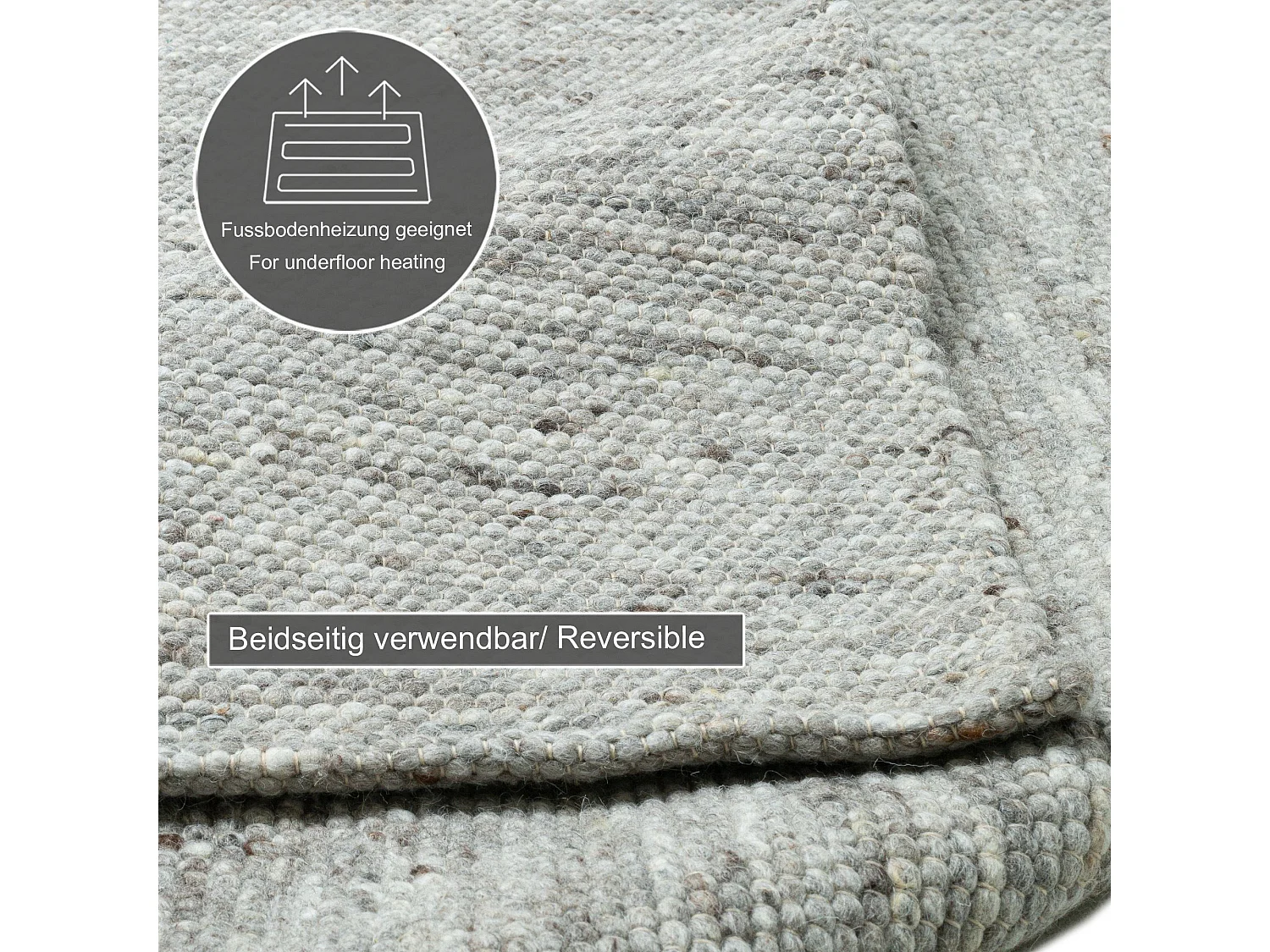 Tapis en laine réversible tissé à la main 140x200 cm natural gris Alpen