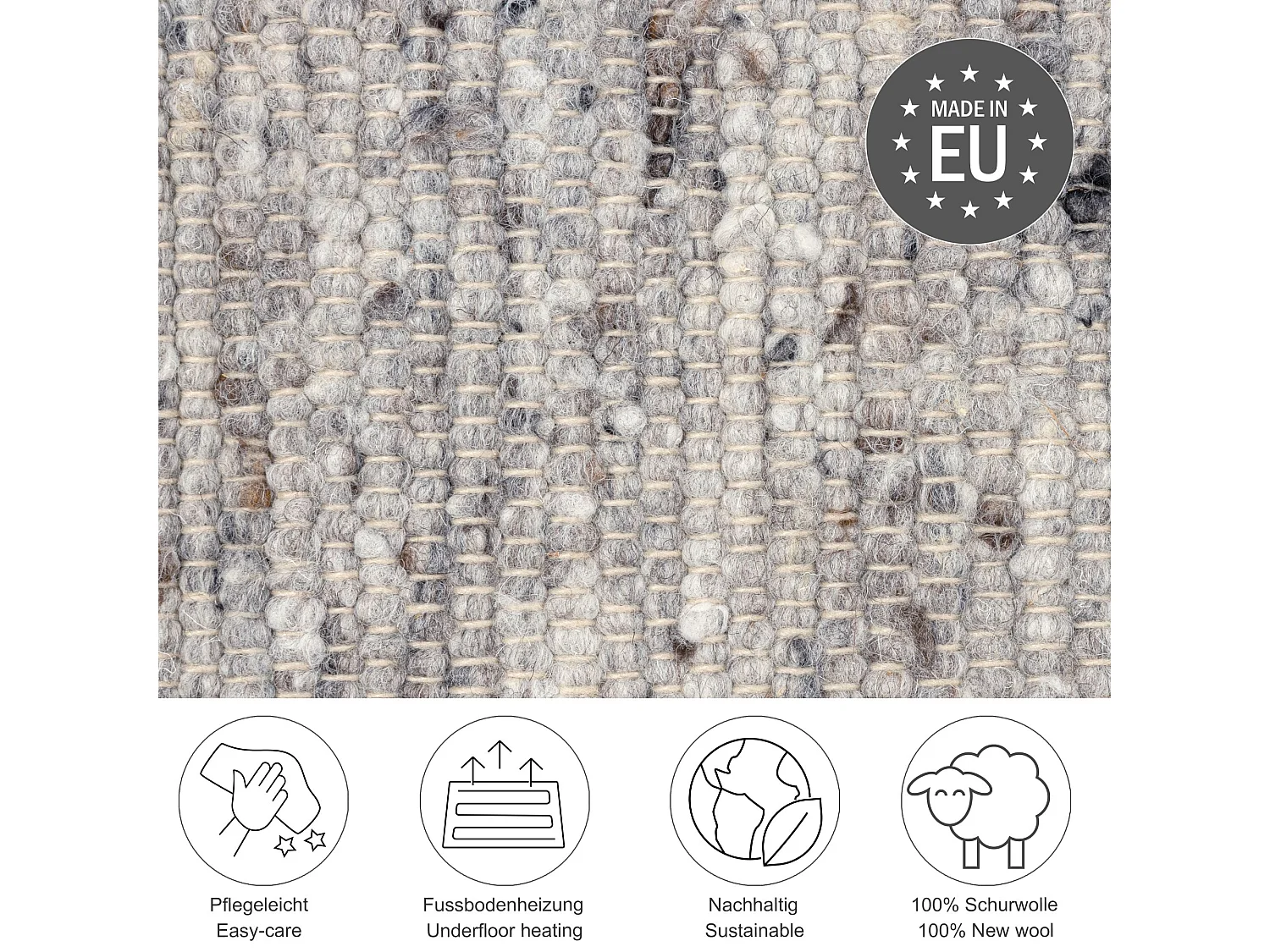Tapis en laine tissé à la main réversible 160x230 cm gris Alm-Glück