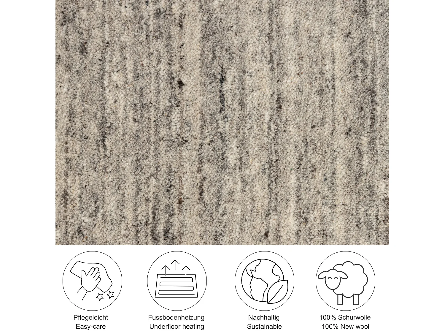 Handgewebter UNI Wollteppich 190x290 cm Grau Pure