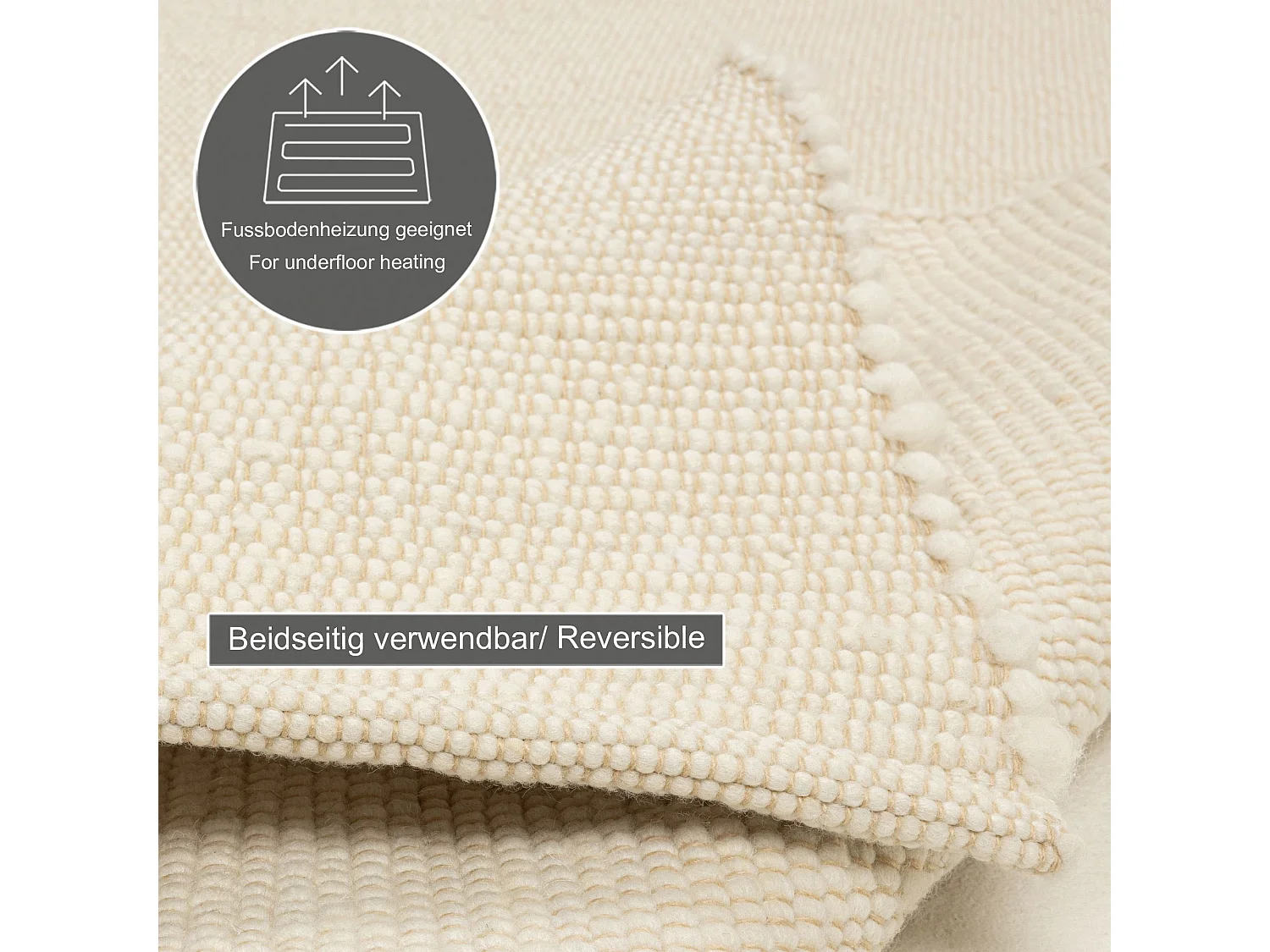 Tapis en laine tissé à la main réversible 70x130 cm natural blanc Alm-Glück