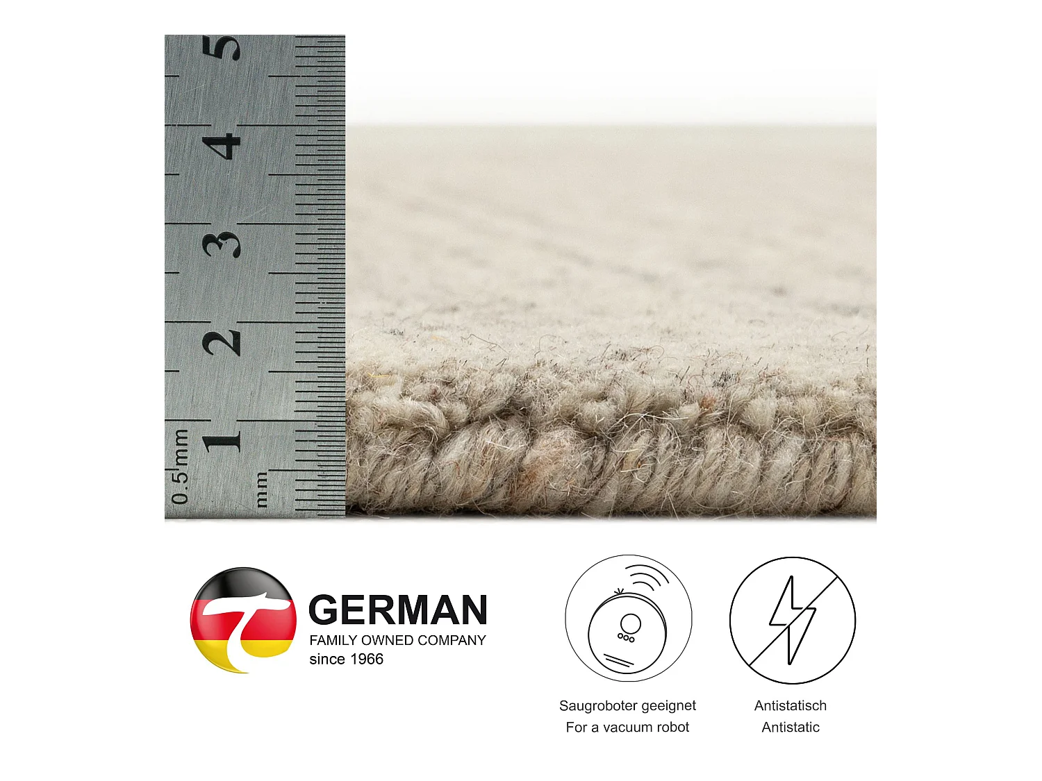 Handgewebter UNI Wollteppich 70x140 cm Natur Grau Pure