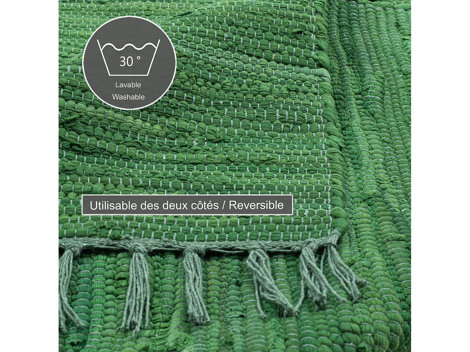 Alfombra de algodón tejida a mano y reversible 160x230 cm Verde oscuro Happy Cotton