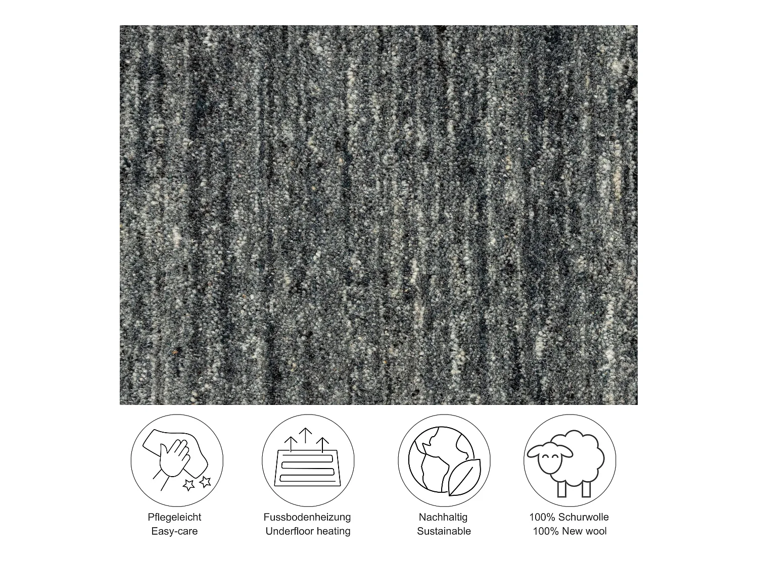 Handgewebter UNI Wollteppich 100x100 cm Anthrazit Pure