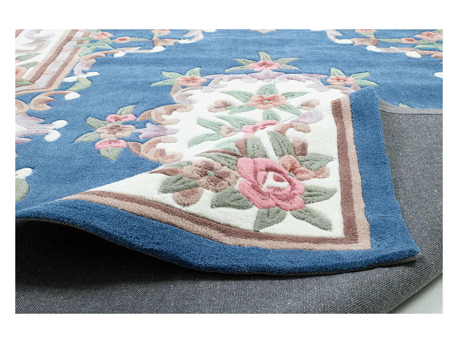Tapis tufté à la main avec bordure, style Aubusson  90x160 cm bleu Ming