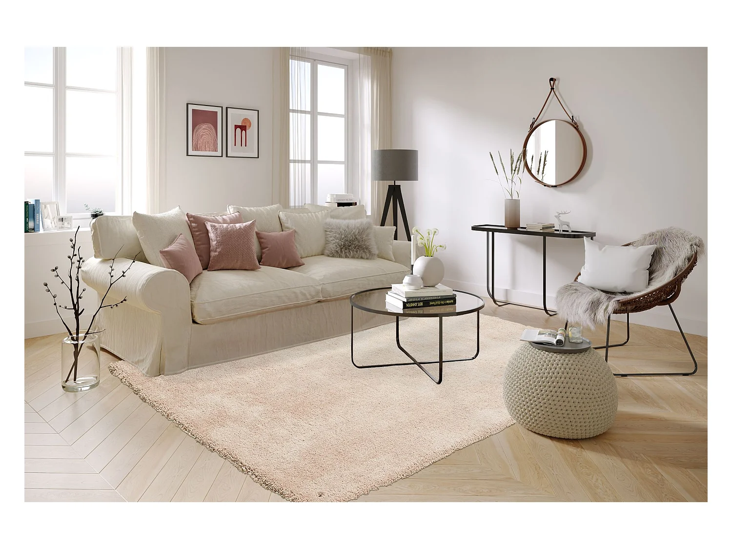 Tapis Shaggy tufté à la main 65x135 cm beige Cozy