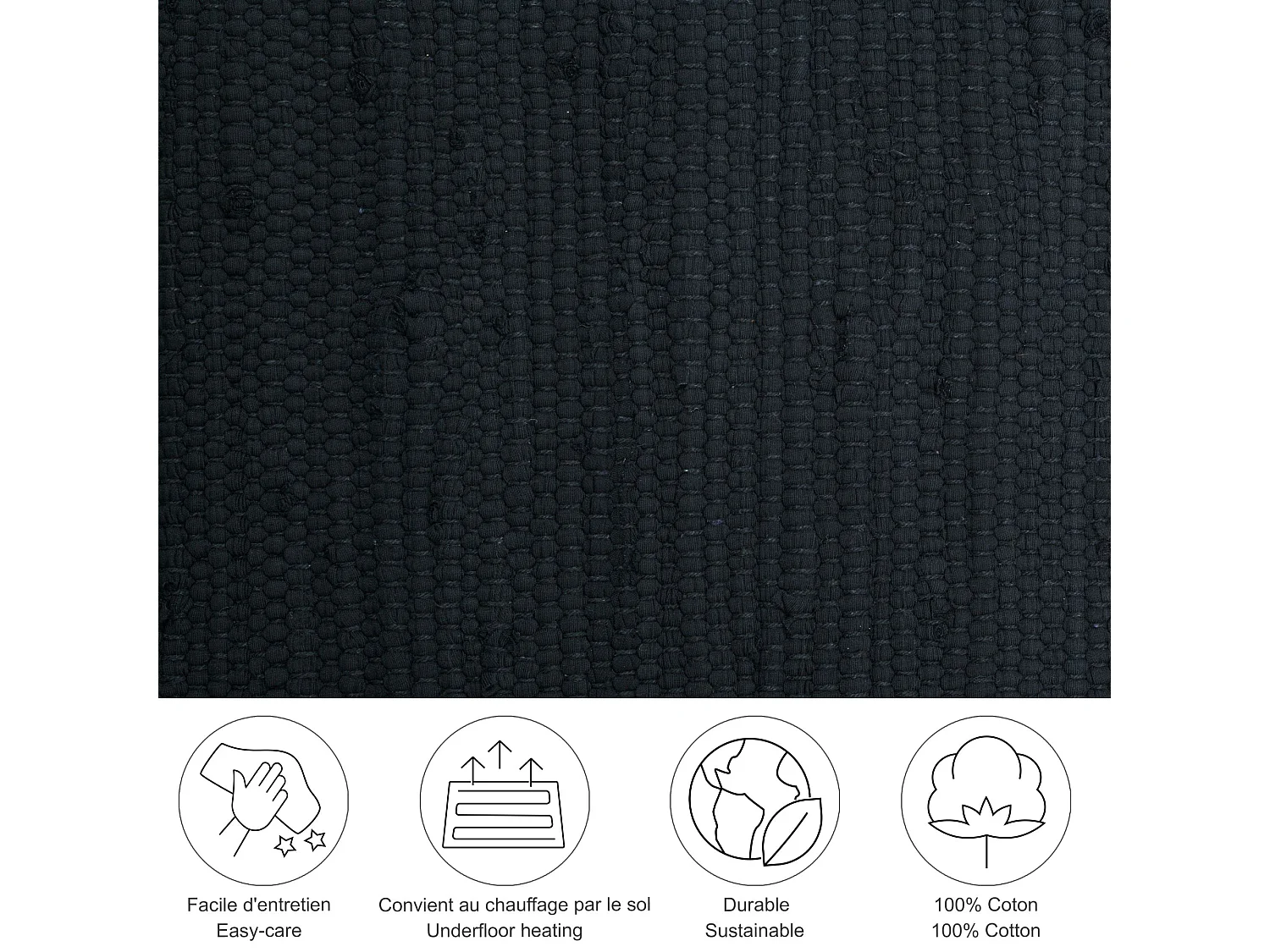 Tapis en coton tissé à la main et réversible 120x180 cm noir Happy Cotton