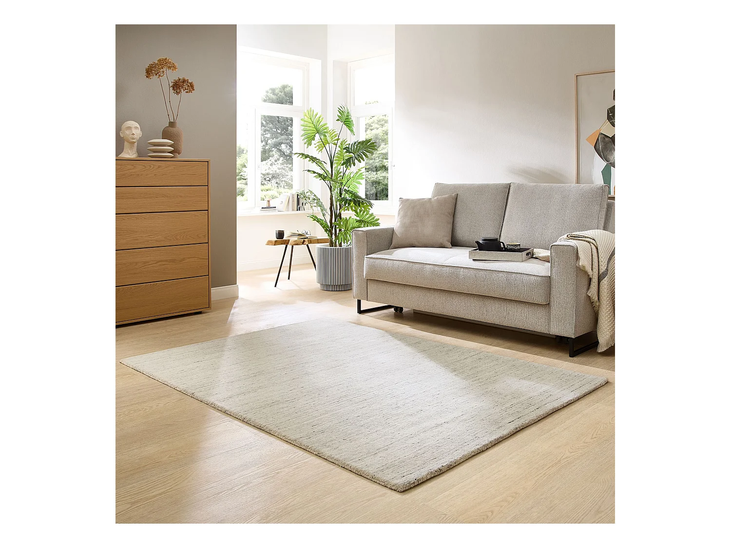 Handgewebter UNI Wollteppich 140x200 cm Natur Grau Pure