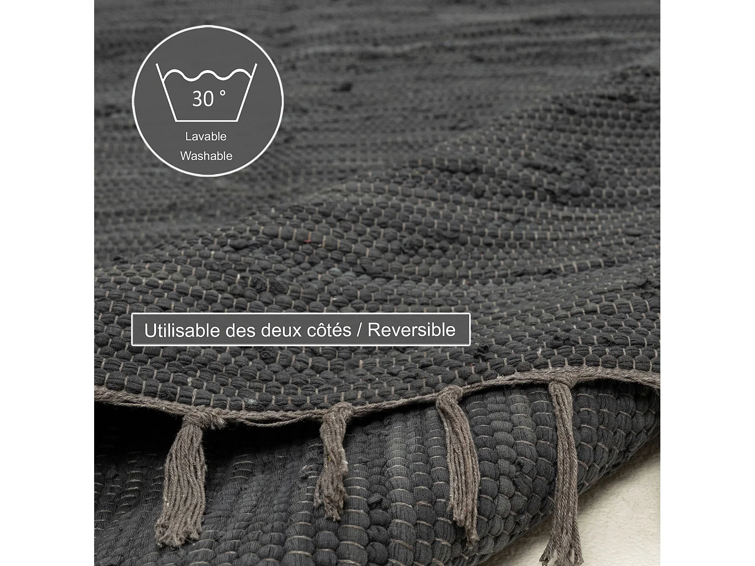 Tapis en coton tissé à la main et réversible 90x160 cm anthracite Happy Cotton