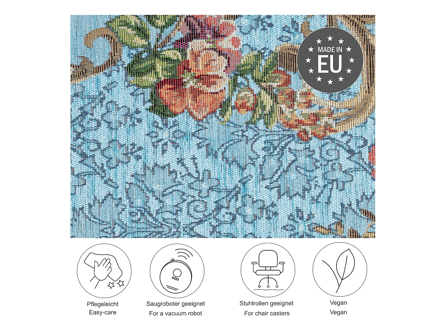 Tapis avec bordure et motif floral 70x120 cm turquoise Flomi