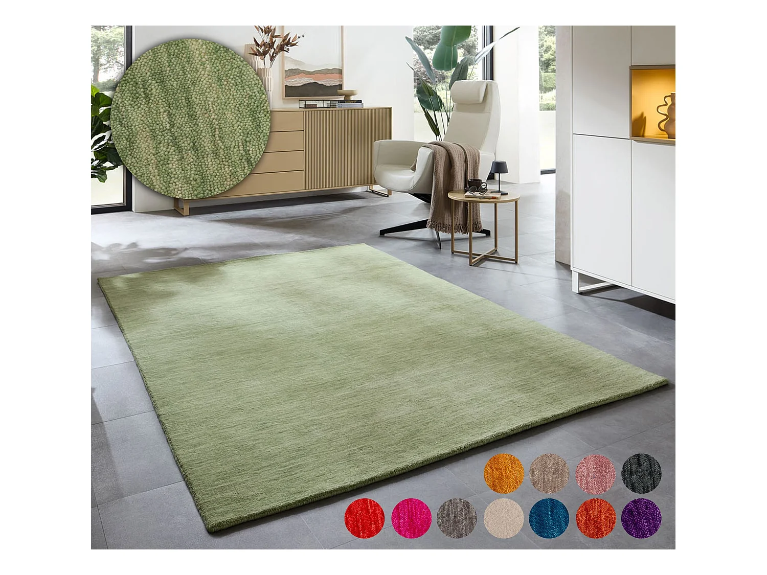 Handgewebter UNI Teppich 60x90 cm Hellgrün Holi