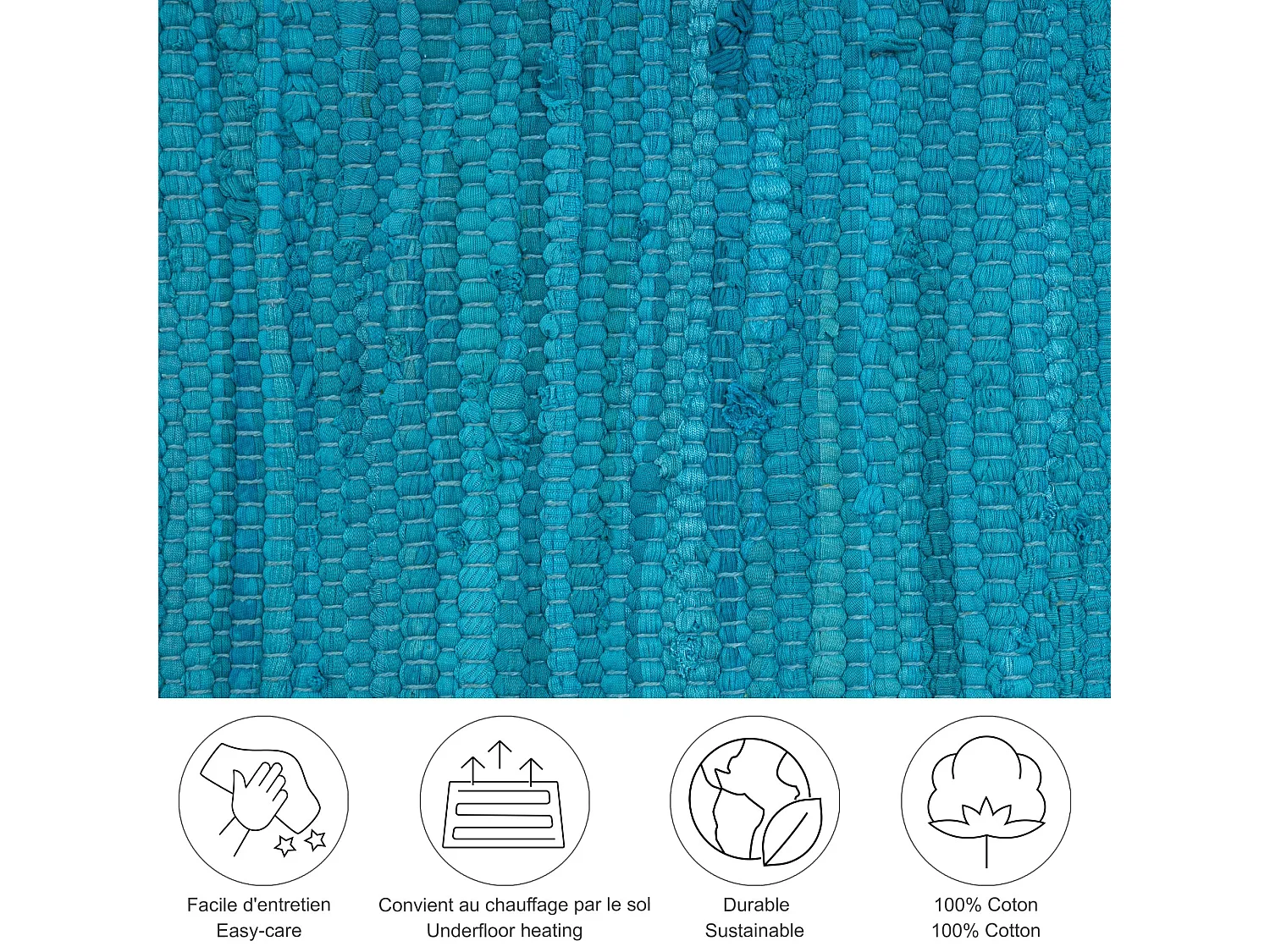 Tapis en coton tissé à la main et réversible 60x120 cm turquoise Happy Cotton