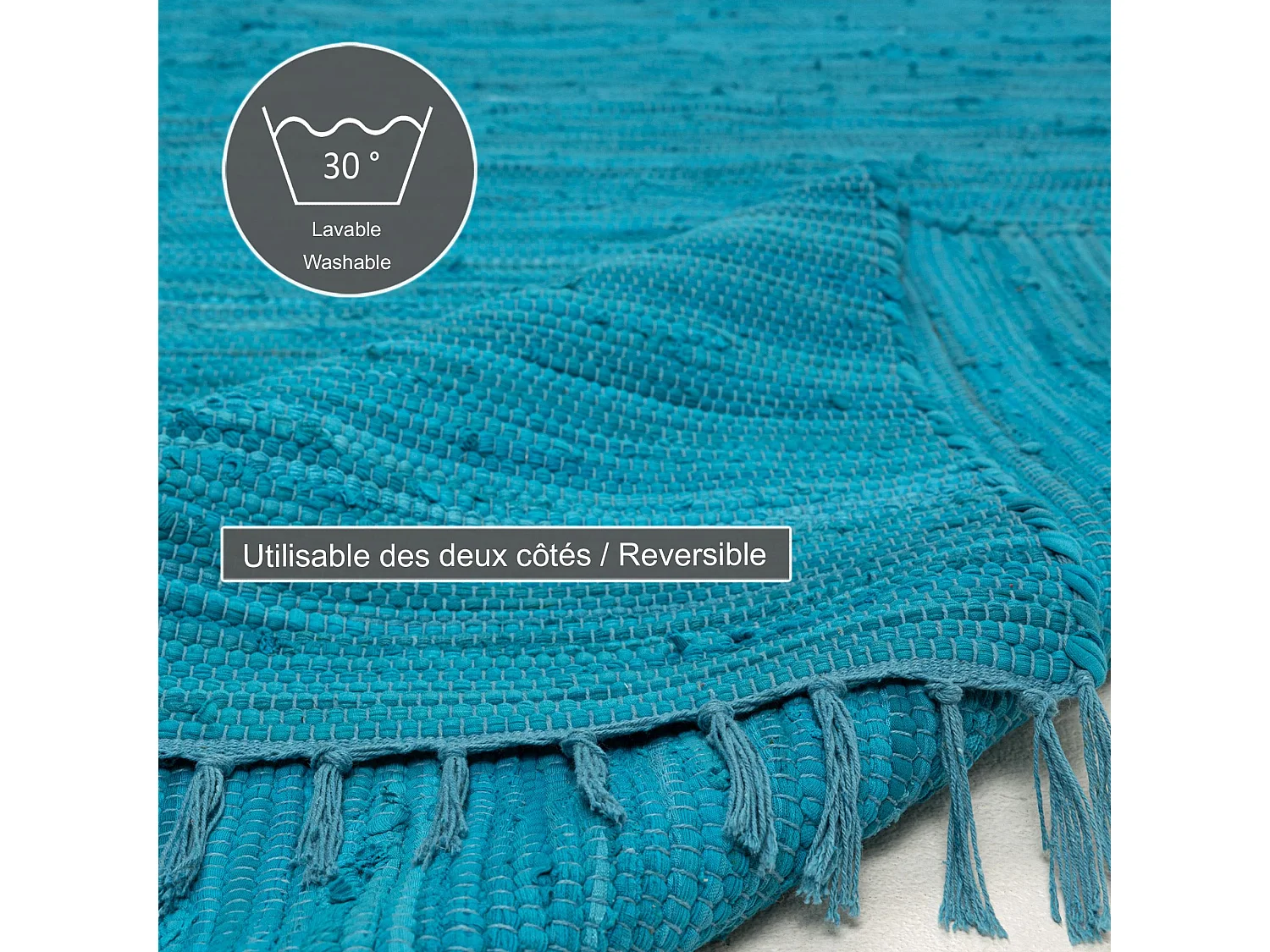 Tapis en coton tissé à la main et réversible 60x120 cm turquoise Happy Cotton