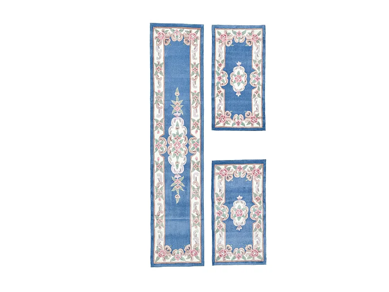 Handgetufteter Teppich mit Bordüre im Aubusson Design 70x600 cm Blau Ming