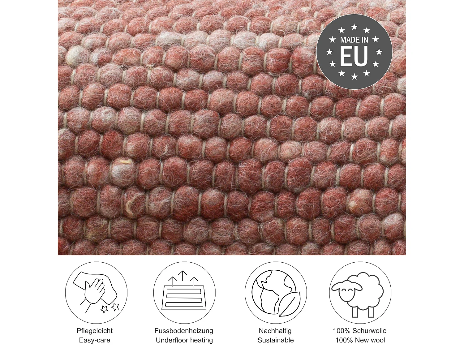 Tapis en laine réversible tissé à la main 120x180 cm rouge Alpen