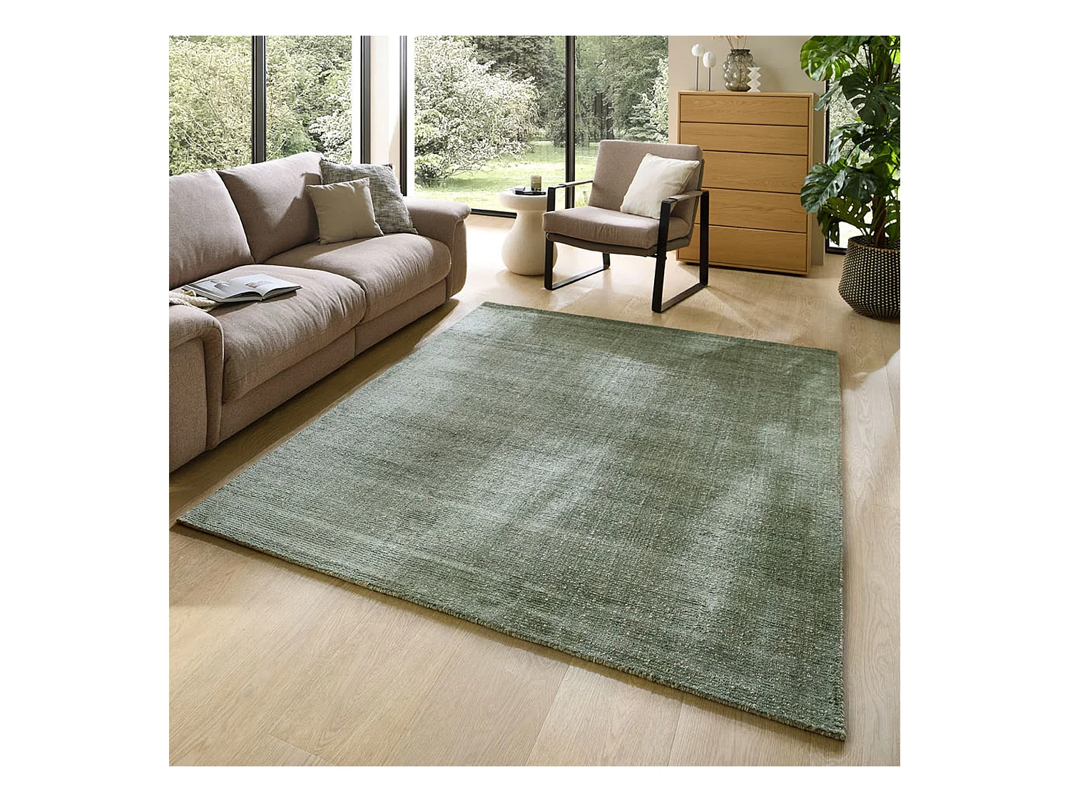 Gestreifter UNI Teppich aus Viskose und Wolle 120x180 cm Grün Venus