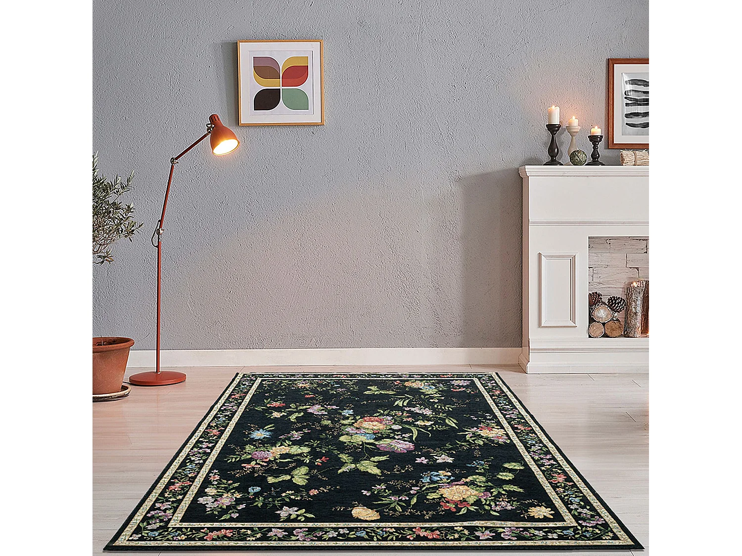 Tapis avec bordure et motif floral 60x90 cm noir Flomi