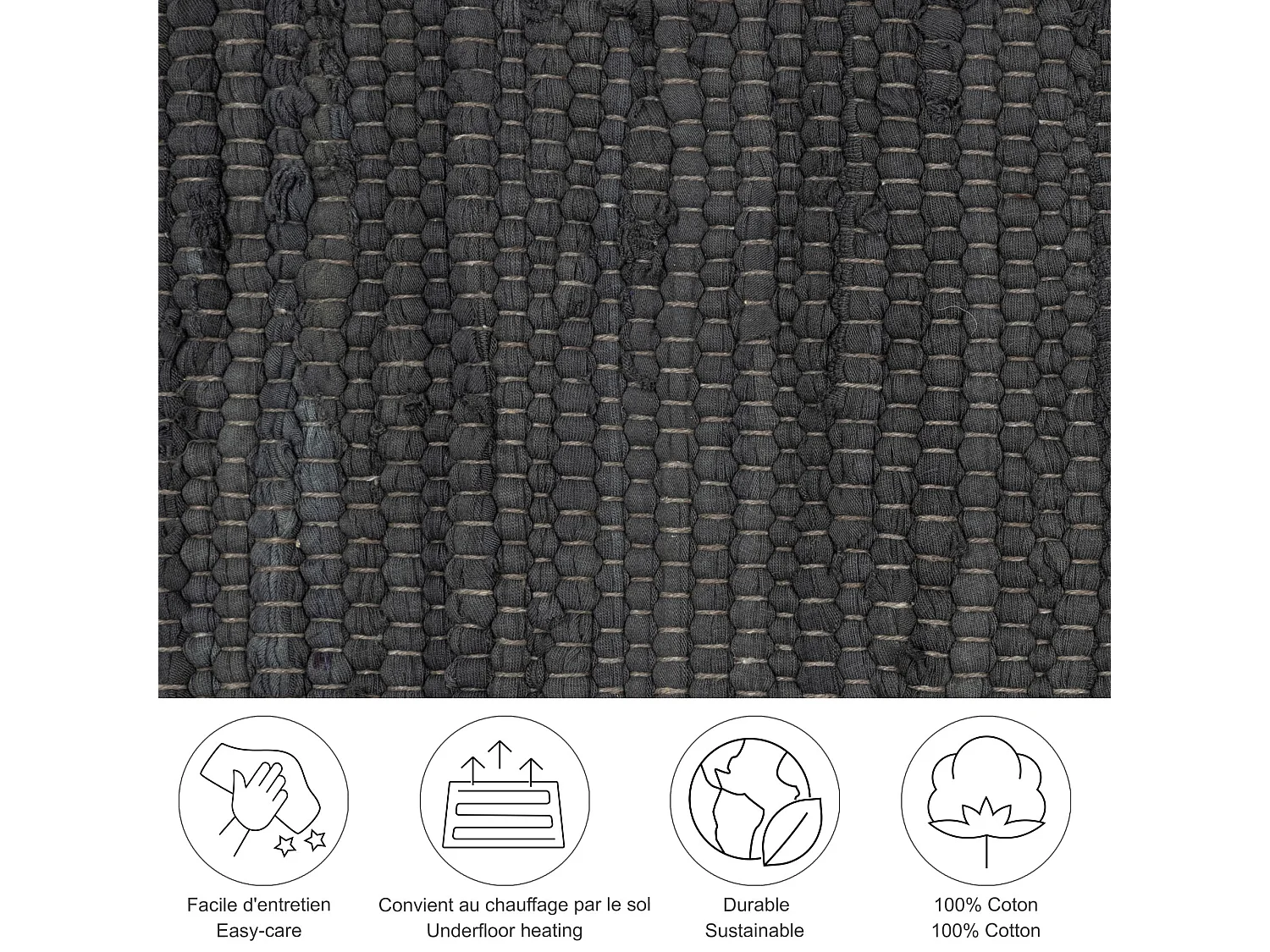 Tapis en coton tissé à la main et réversible 160x230 cm anthracite Happy Cotton