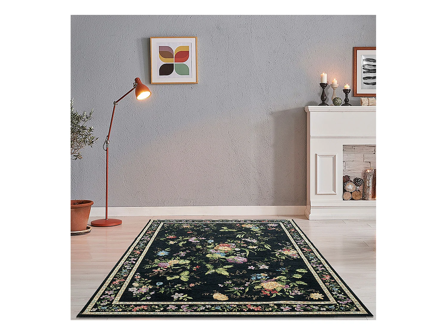 Teppich mit Bordüre und Blumenmuster 120x170 cm Schwarz Flomi
