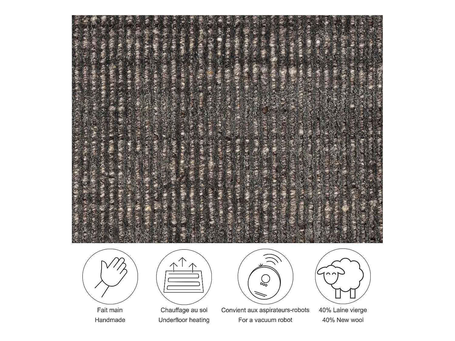 Gestreifter UNI Teppich aus Viskose und Wolle 120x120 cm Anthrazit Venus