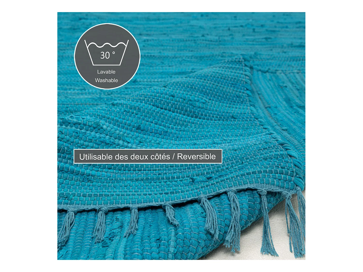 Tapis en coton tissé à la main et réversible 40x60 cm turquoise Happy Cotton