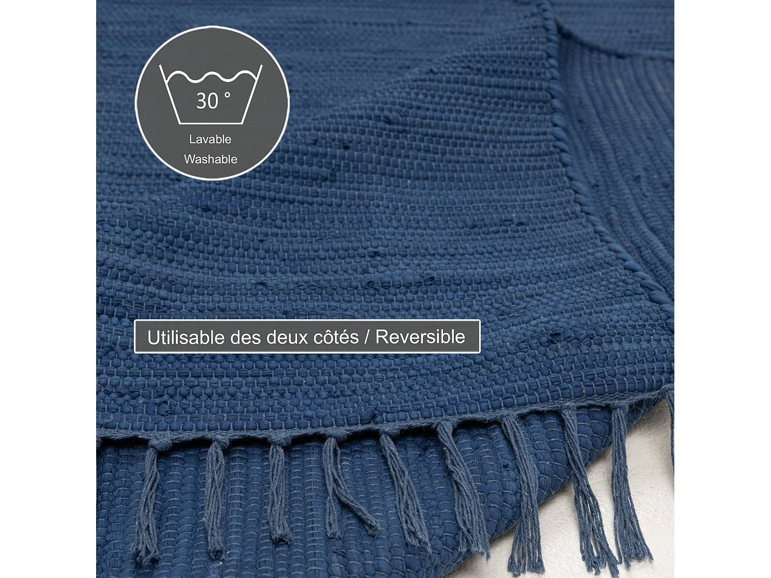 Tapis en coton tissé à la main et réversible 90x160 cm bleu Happy Cotton