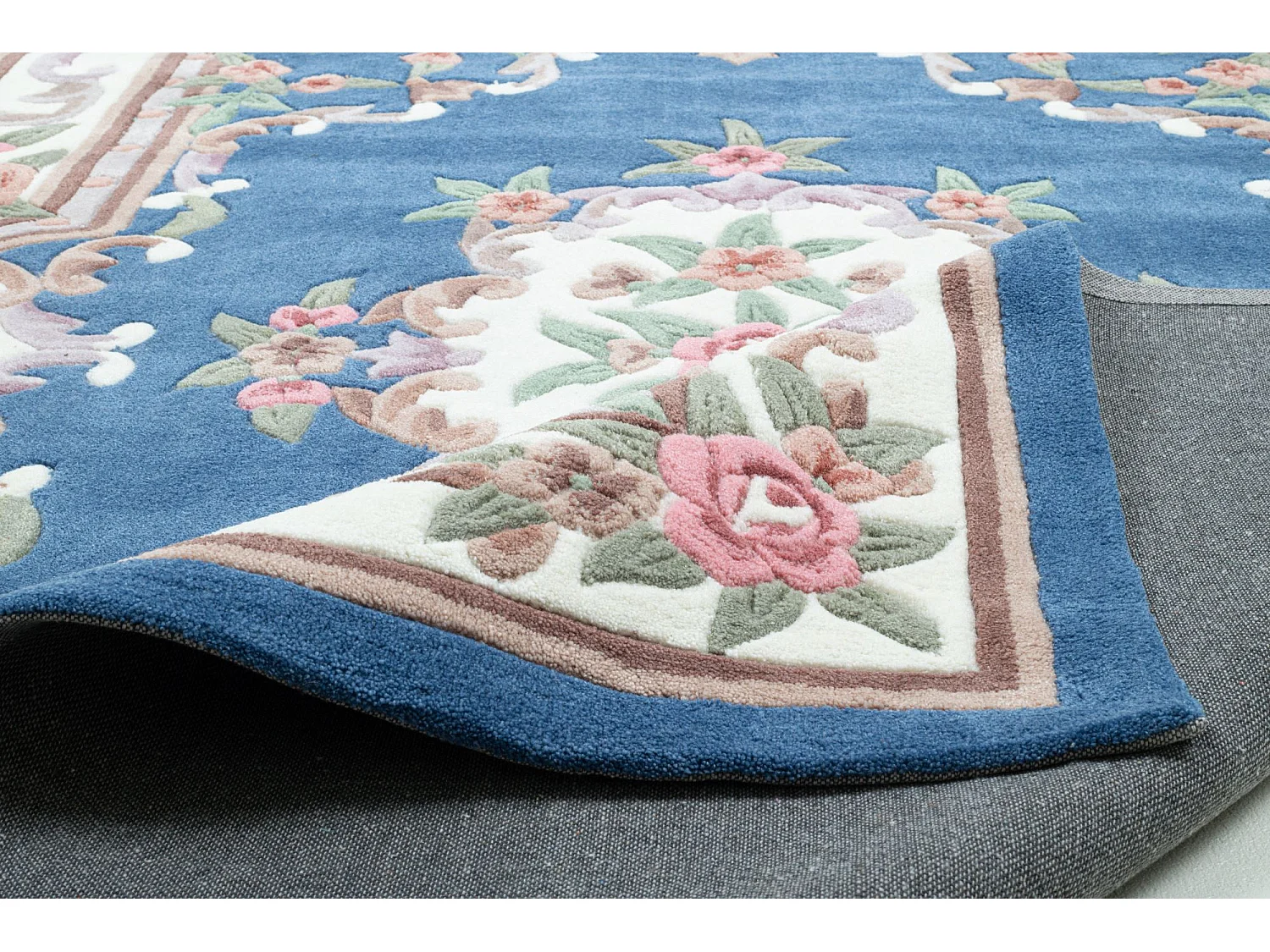Tapis tufté à la main avec bordure, style Aubusson  240x340 cm bleu Ming