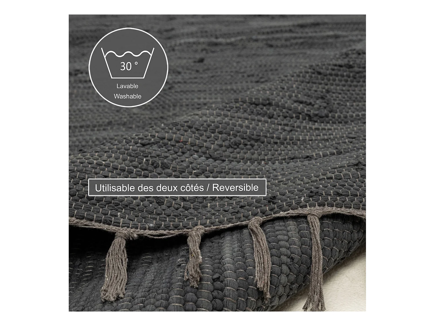 Tapis en coton tissé à la main et réversible 60x120 cm anthracite Happy Cotton