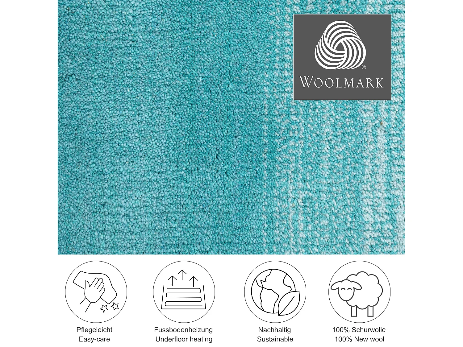 Tapis en laine avec dégradé de couleurs 190x290 cm turquoise Wool Comfort