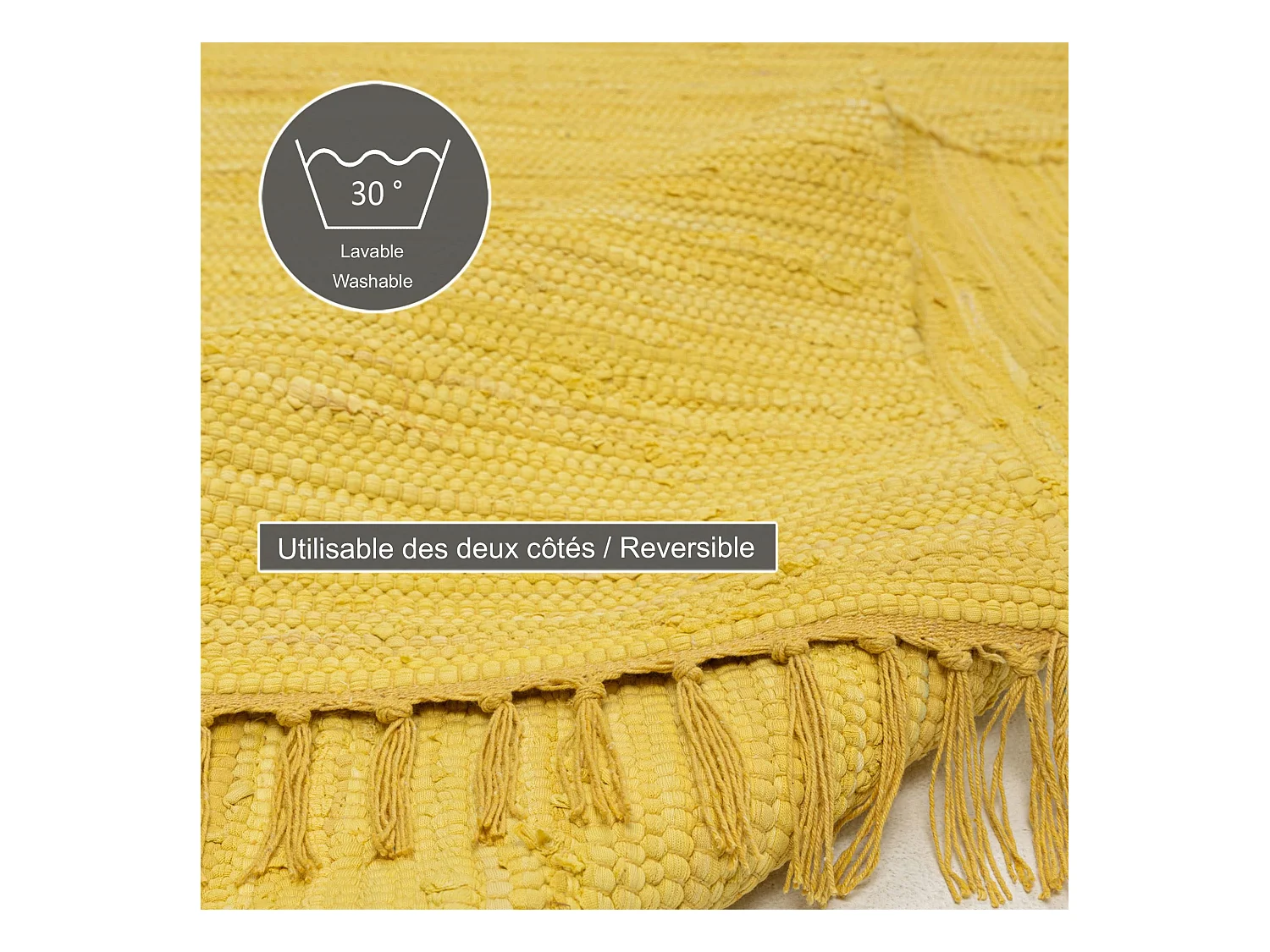Tapis en coton tissé à la main et réversible 120x180 cm jaune Happy Cotton