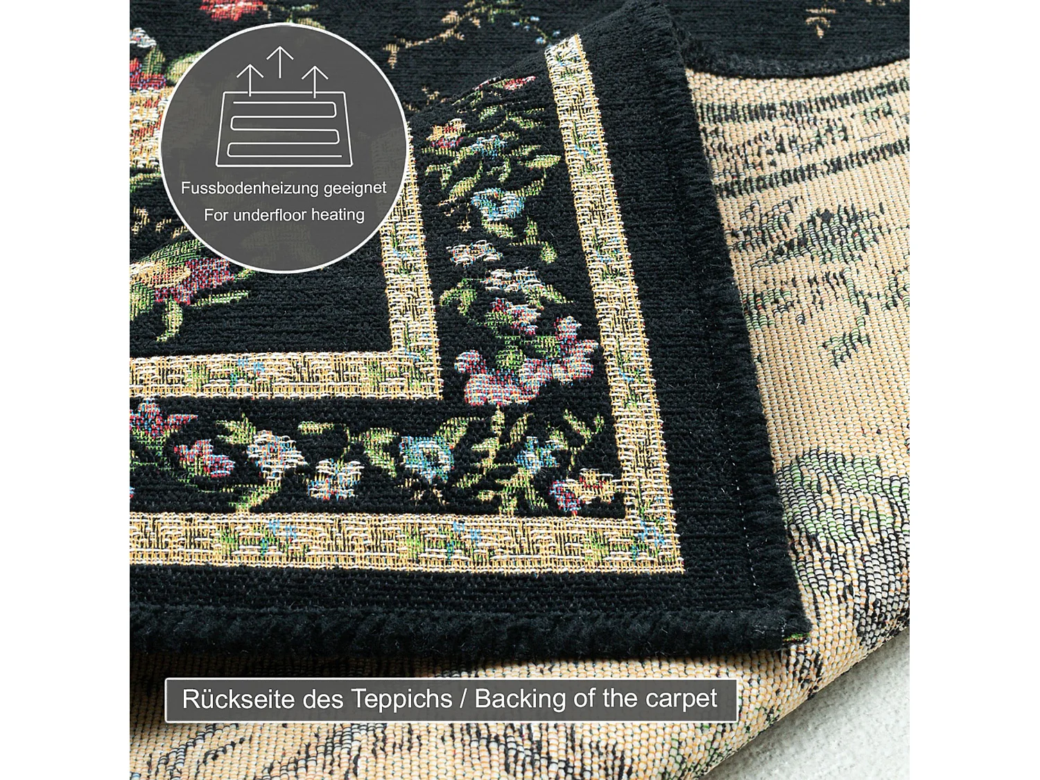 Tapis avec bordure et motif floral 140x200 cm noir Flomi