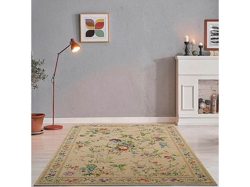 Tapis avec bordure et motif floral 60x90 cm beige Flomi