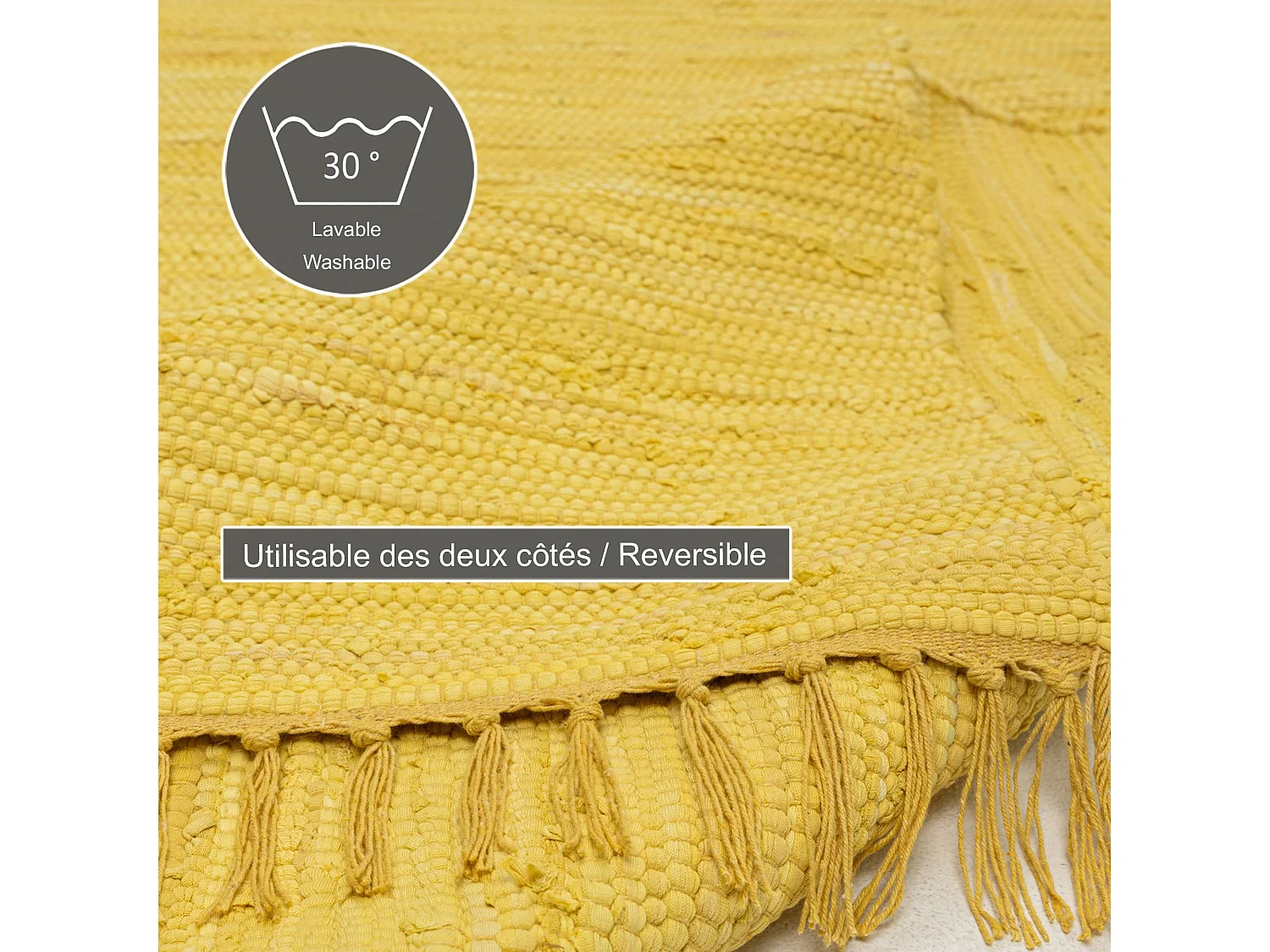 Tapis en coton tissé à la main et réversible 40x60 cm jaune Happy Cotton