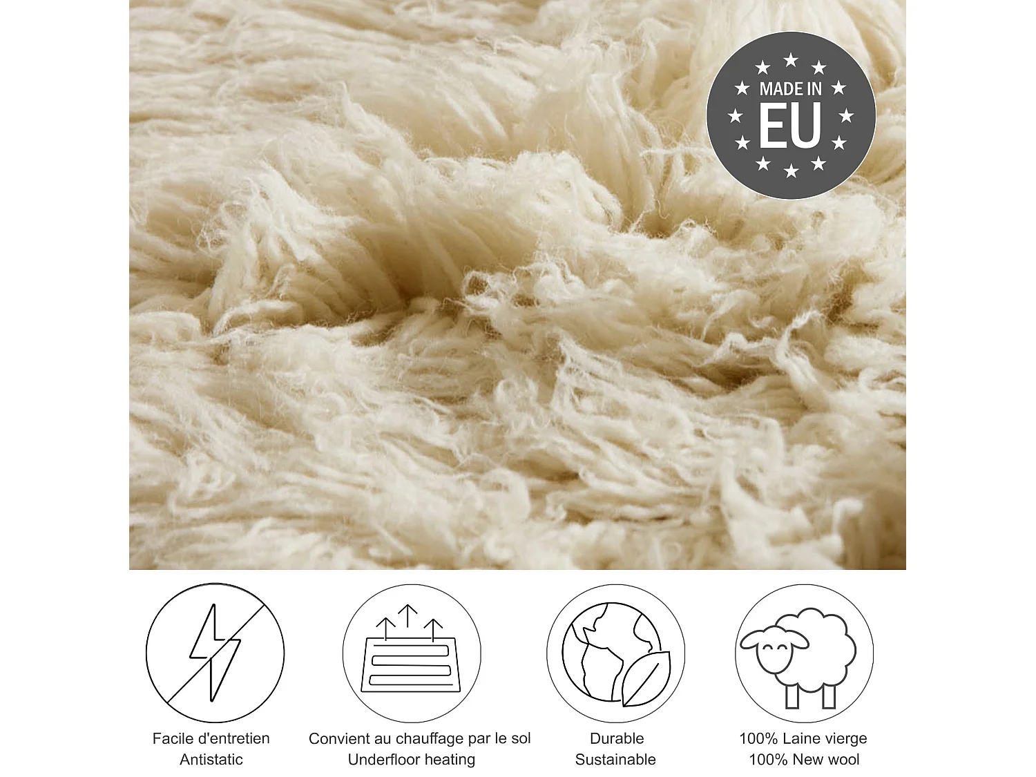 Tapis Flokati provenant de Grèce diamètre 140 cm natural Flokos 2450