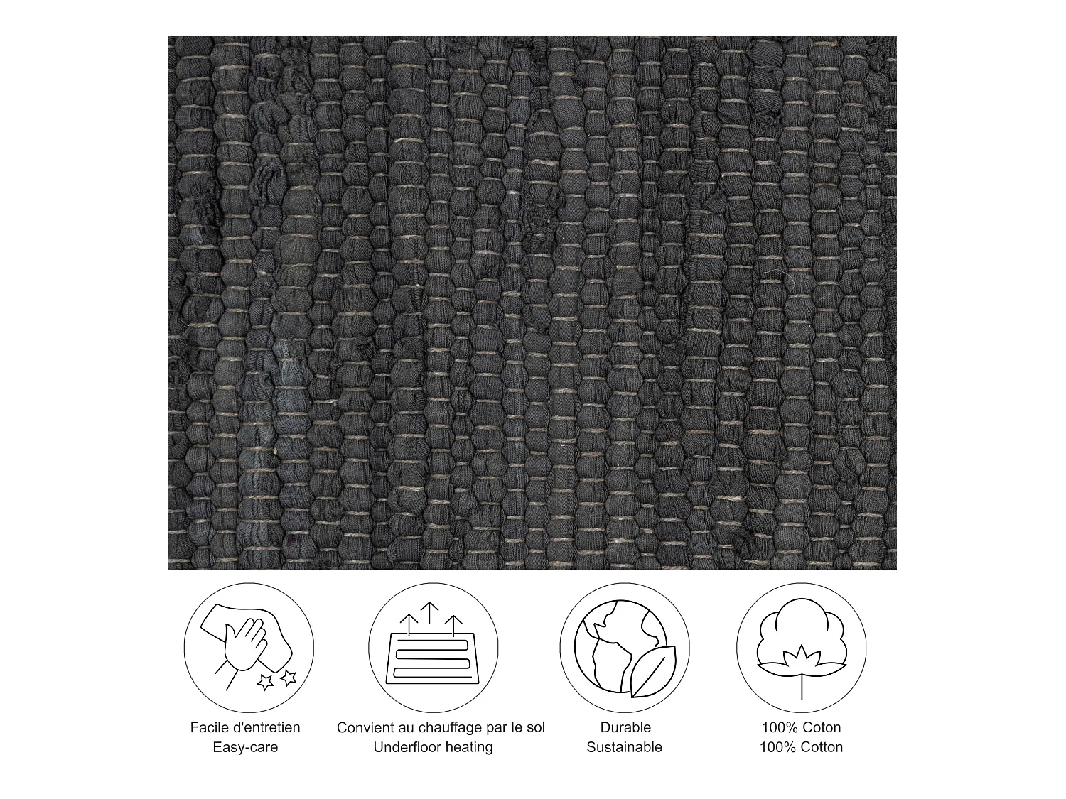 Tapis en coton tissé à la main et réversible 70x140 cm anthracite Happy Cotton