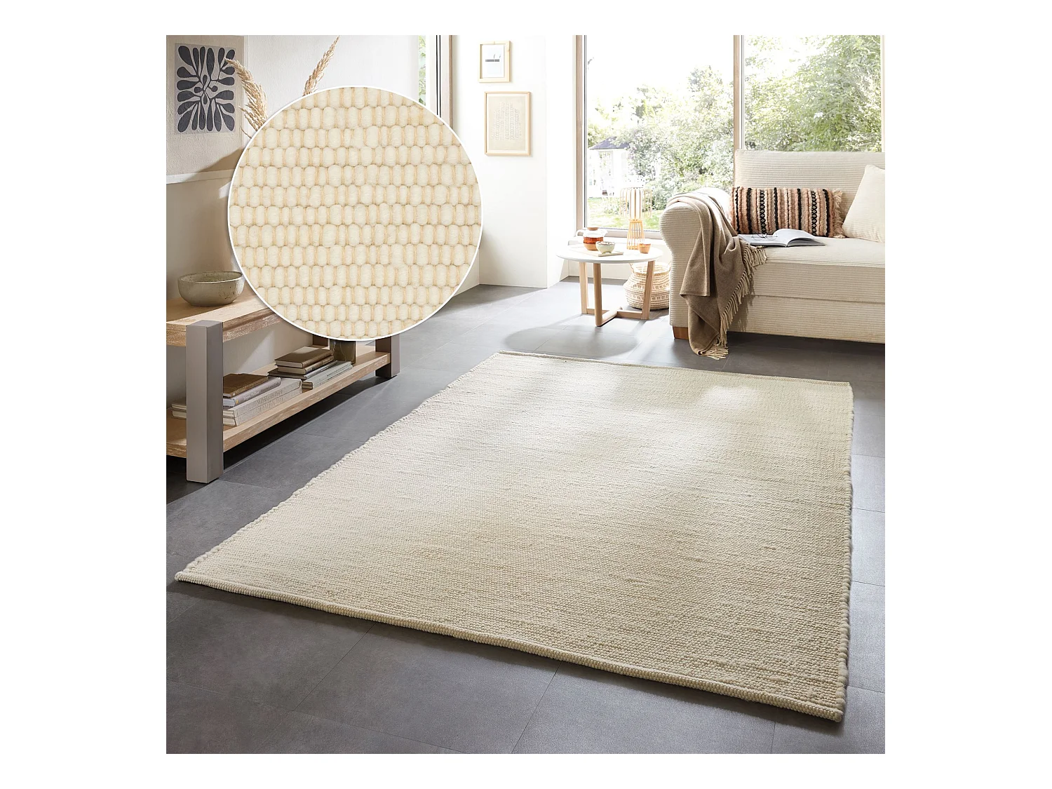 Wollteppich handgewebt wendbar 160x230 cm Woll Weiß Alm-Glück