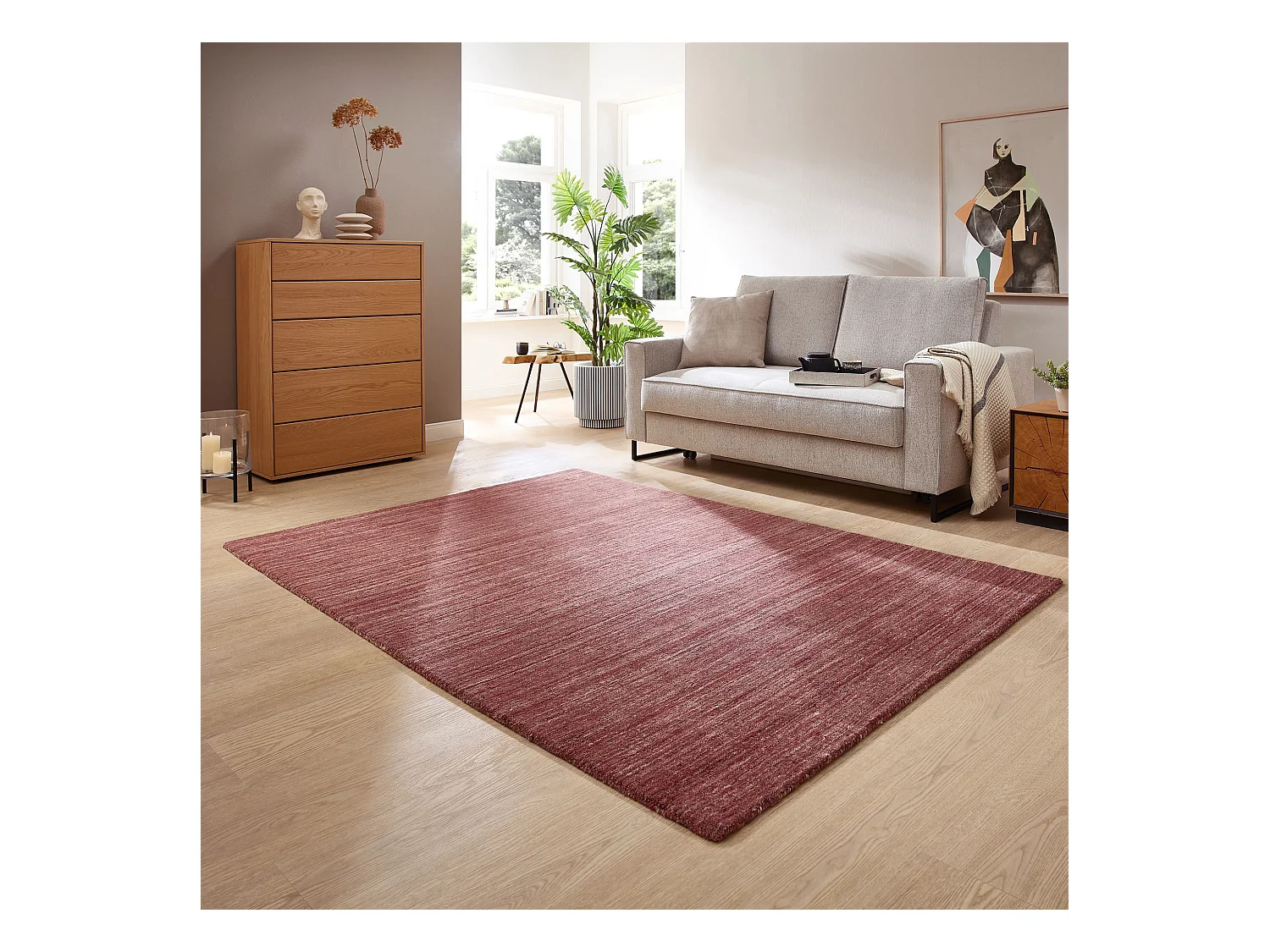 Handgewebter UNI Wollteppich 70x140 cm Rot Pure