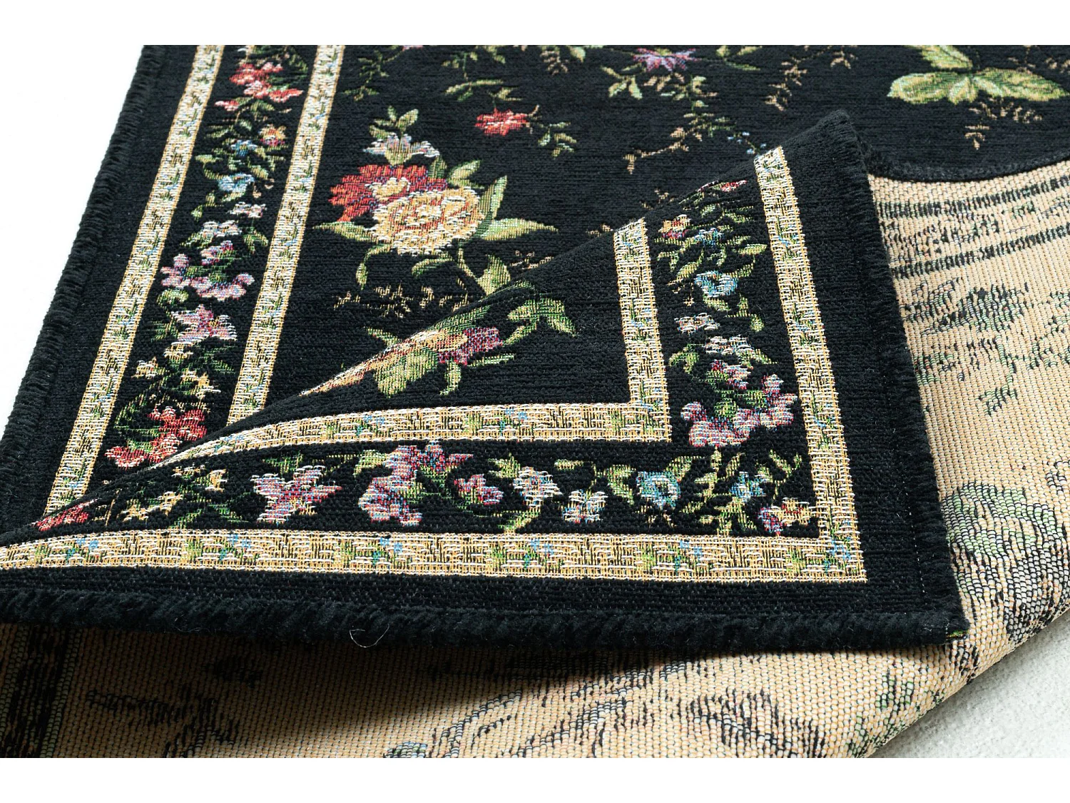Tappeto con bordi e motivi floreali 70x400 cm nero Flomi