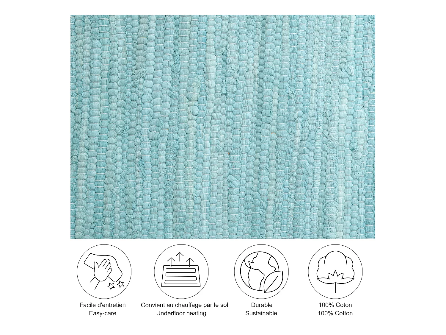 Tapis en coton tissé à la main et réversible 120x180 cm bleu clair Happy Cotton