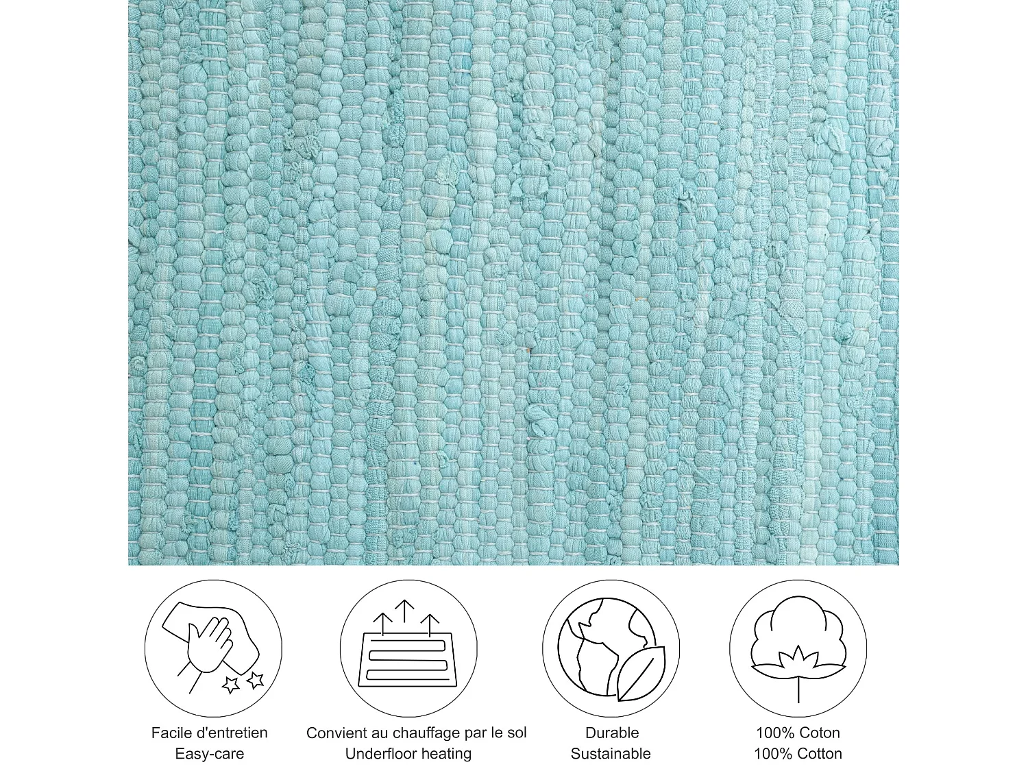 Tapis en coton tissé à la main et réversible 120x180 cm bleu clair Happy Cotton