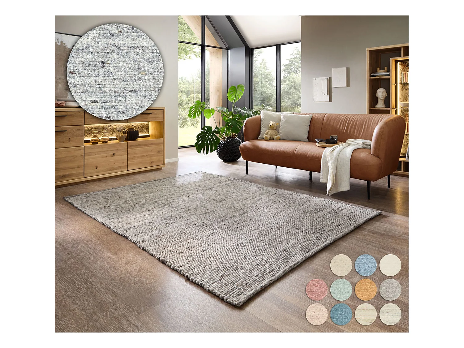 Handgewebter wendbarer Wollteppich 190x290 cm Natur Grau Alpen