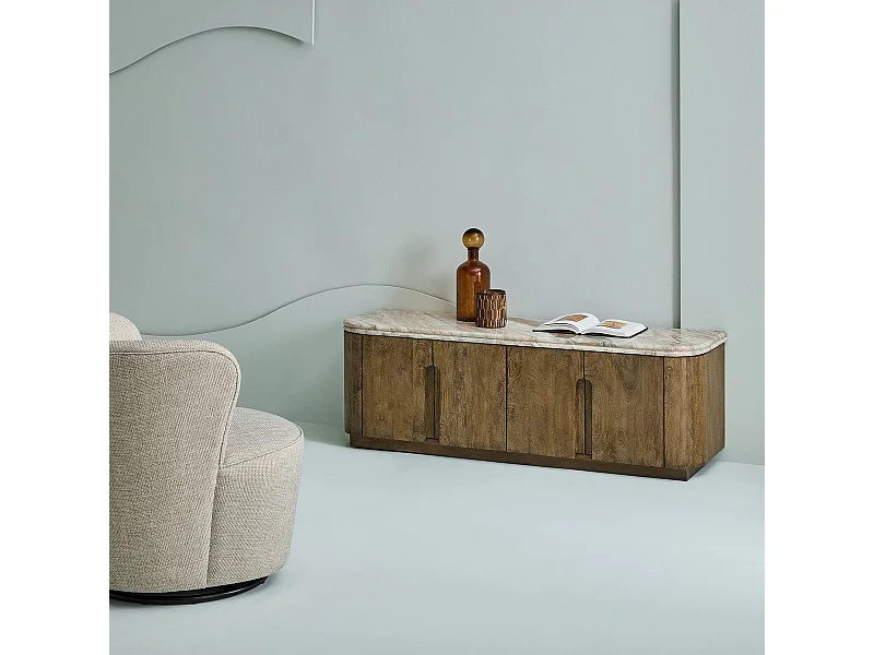 Meuble TV en bois massif et marbre BUREN