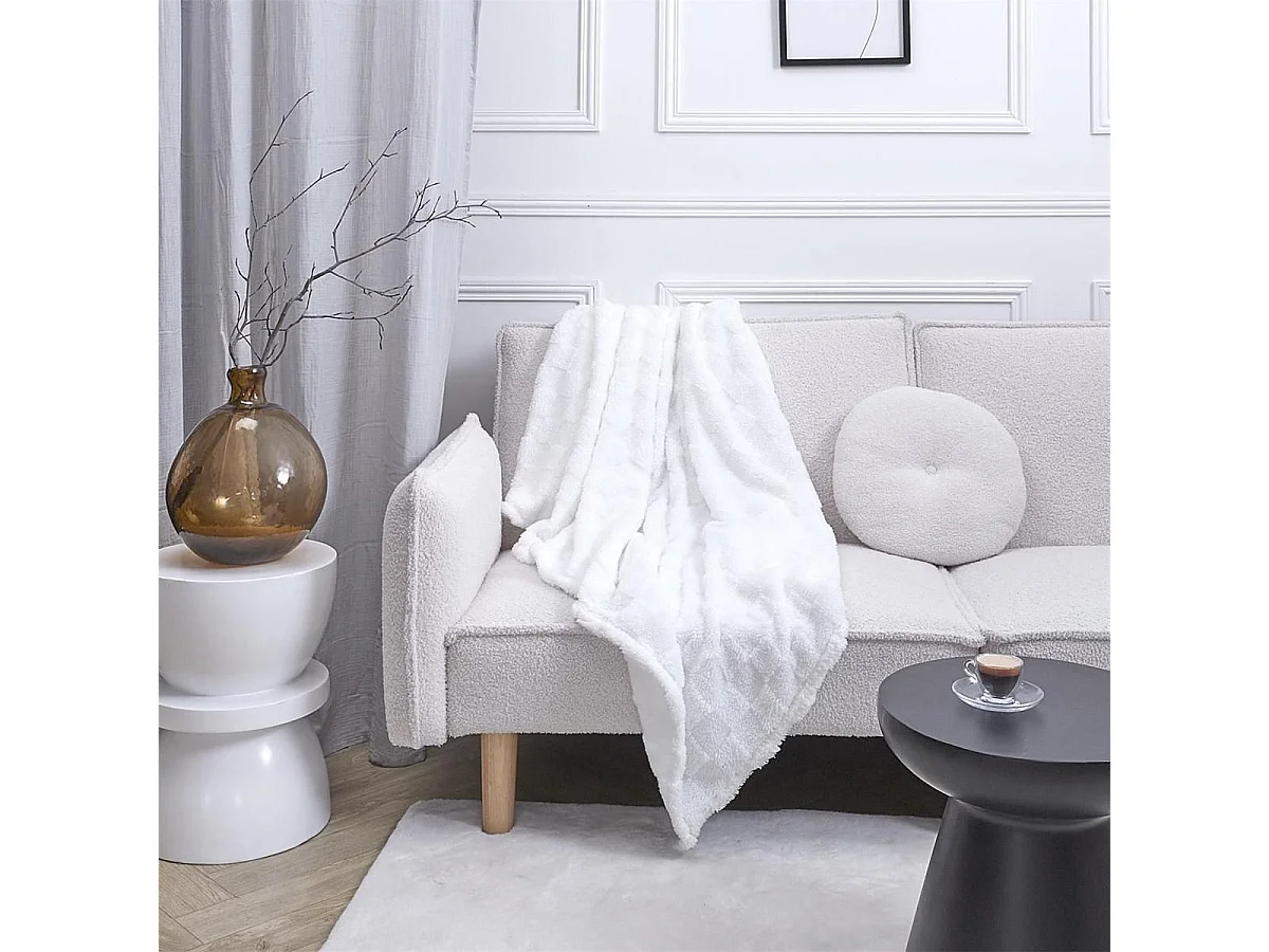 Plaid Flanelle Damier Blanc et Beige 120x150cm, Doux et Confortable, Lavable en Machine - TURIN