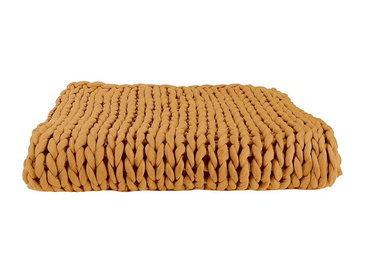 Plaid Chunky 120x150cm Grosse Maille Tressée Coloris Ocre - LOTOV